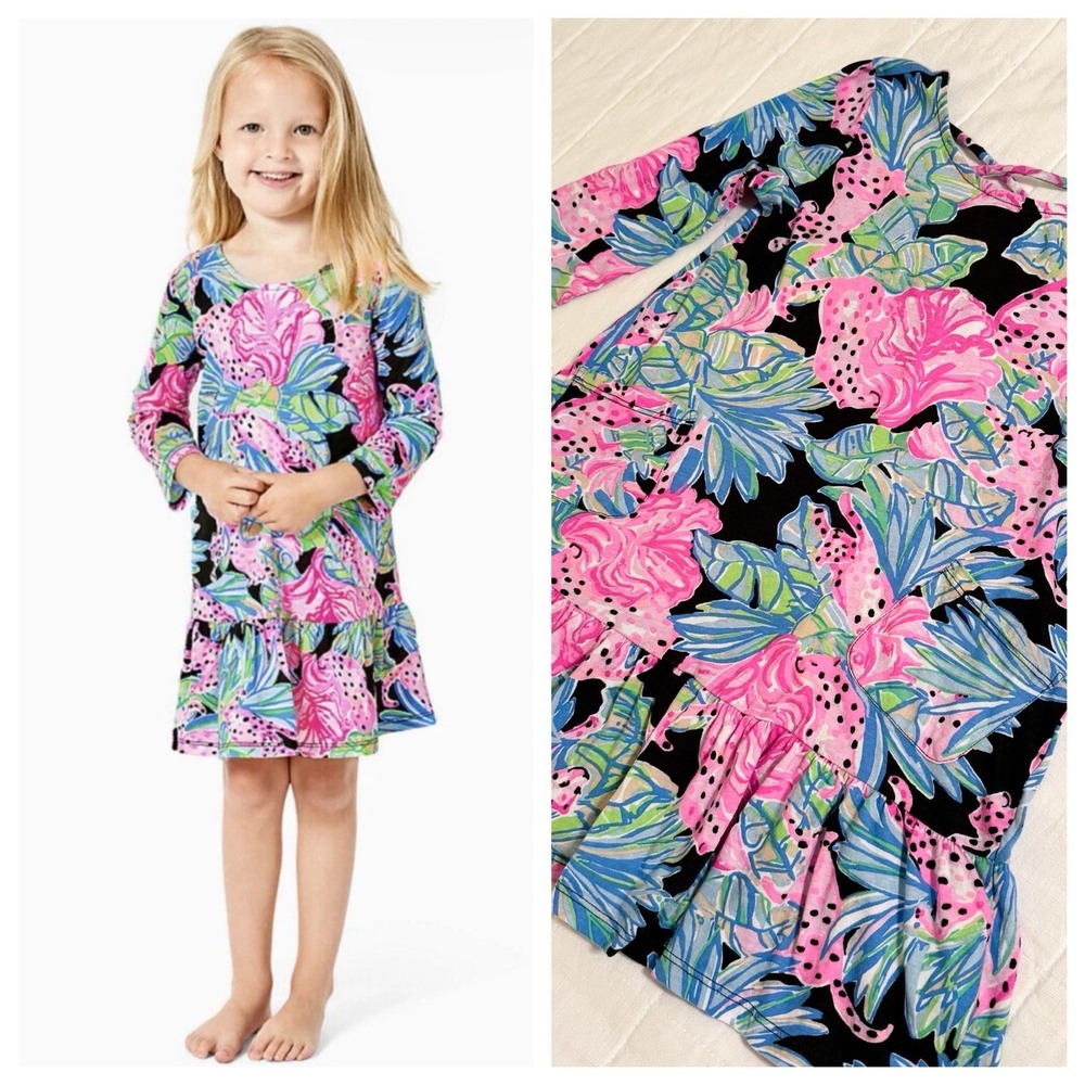 Lilly Pulitzer Girls Jena Dress Onyx Jaguar Jungle $68 Medium 6/7‎